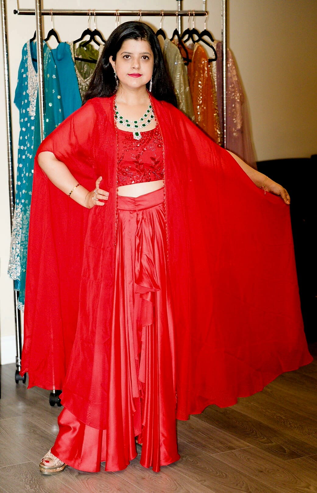 Red cape style suit with contemporary design – Aarya Collection, Ajax