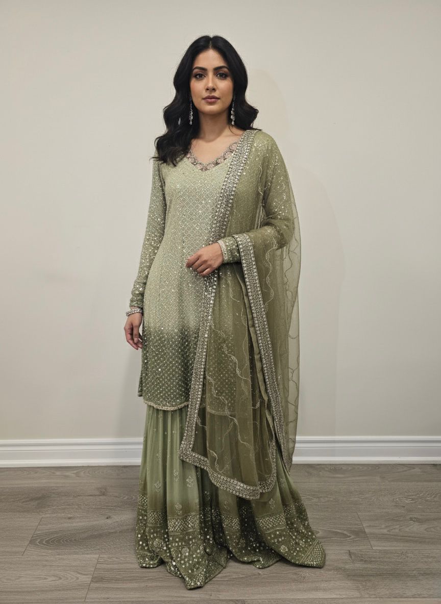 Green sharara suit with mirror work embellishments – Aarya Collection, Ajax
