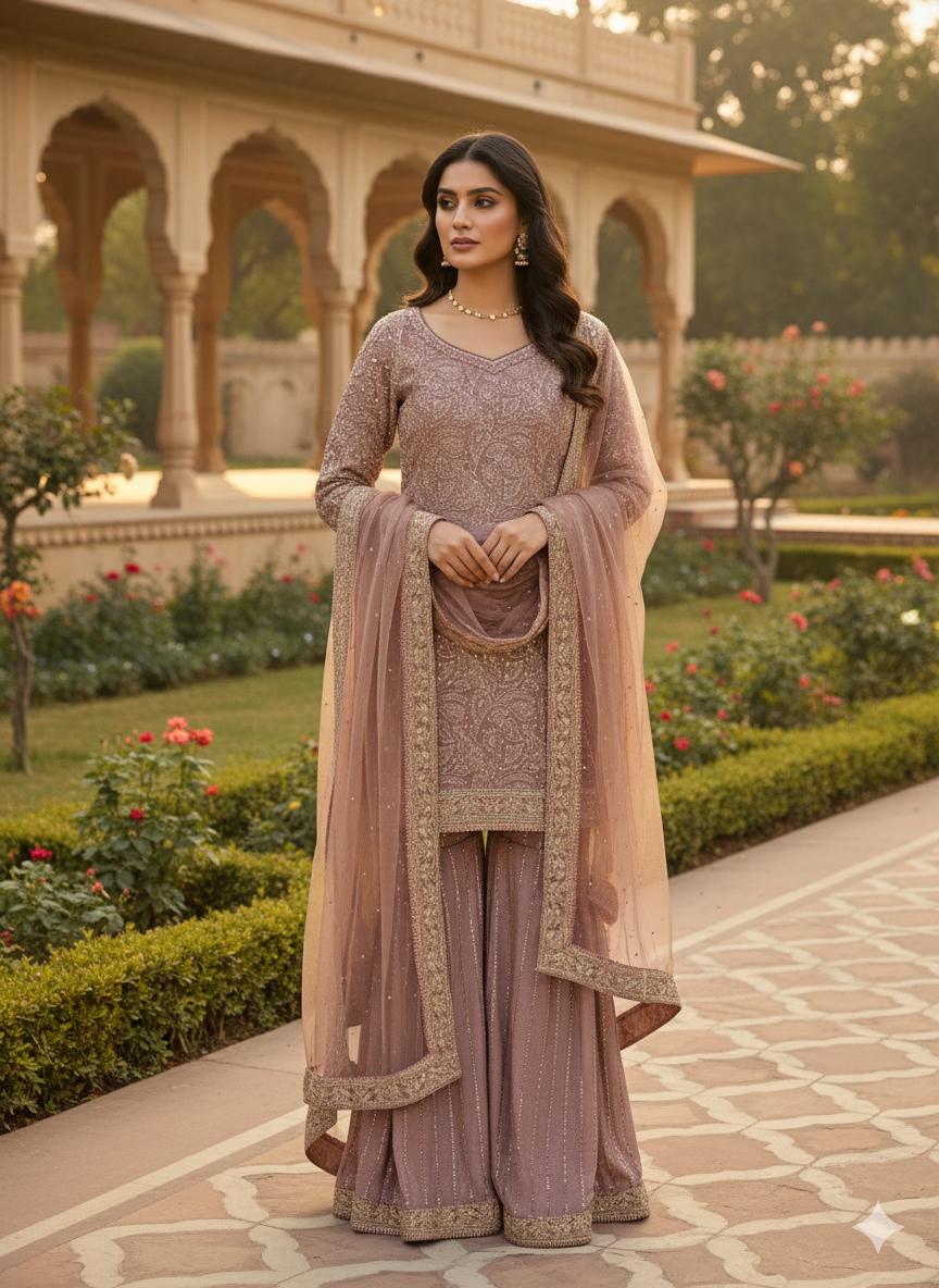 Brown sharara suit with embroidered shirt – Aarya Collection, Ajax